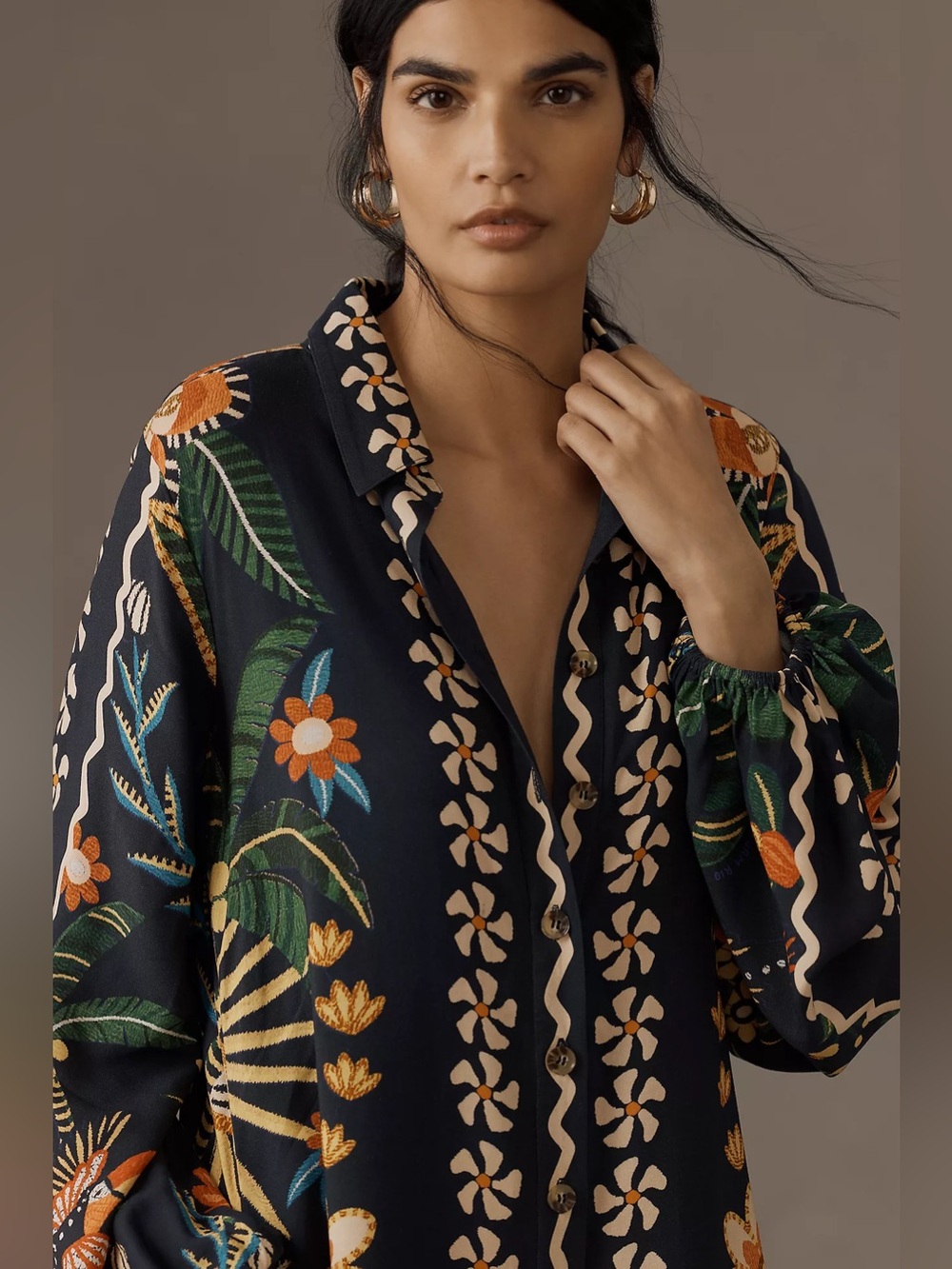 Farm Rio X Anthropologie Floral Long-Sleeve Button-Front Midi Shirt Dress - Picture 4 of 14